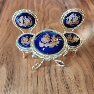Limoges Miniature Table & Chairs Porcelain Cobalt Blue Dollhouse Furniture